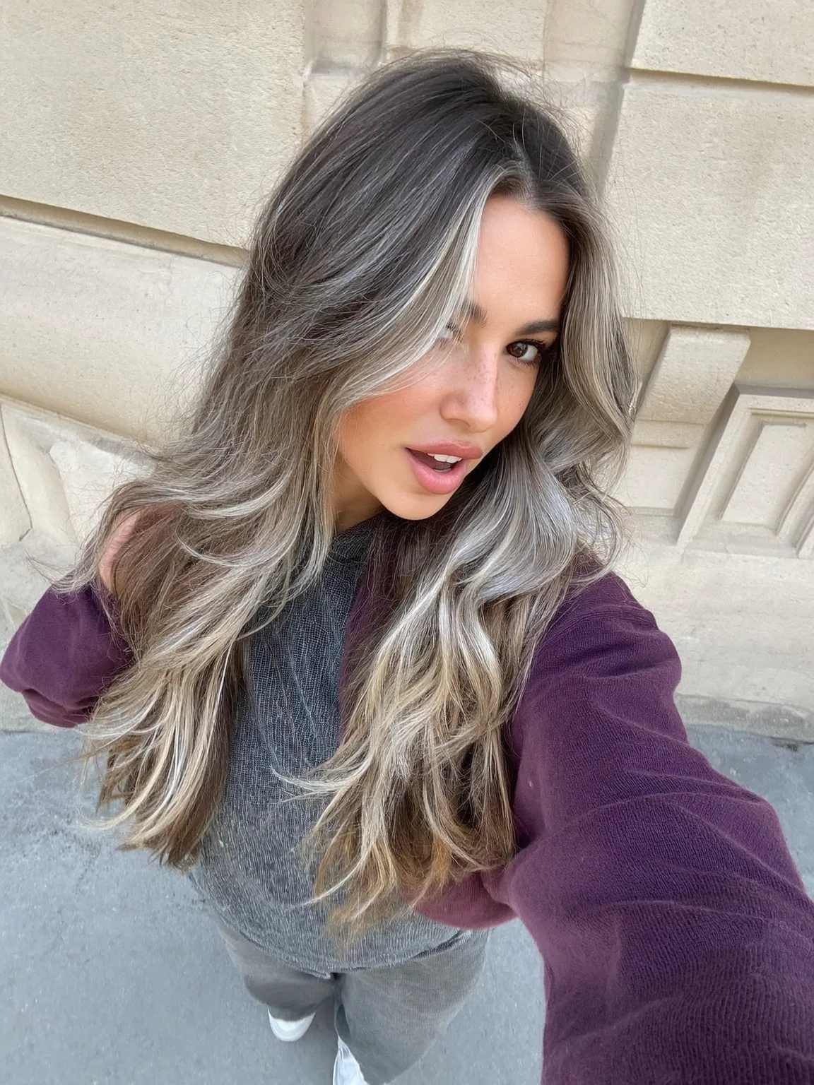 Medium Volume Ash Bronde Balayage with Curtain Bangs
